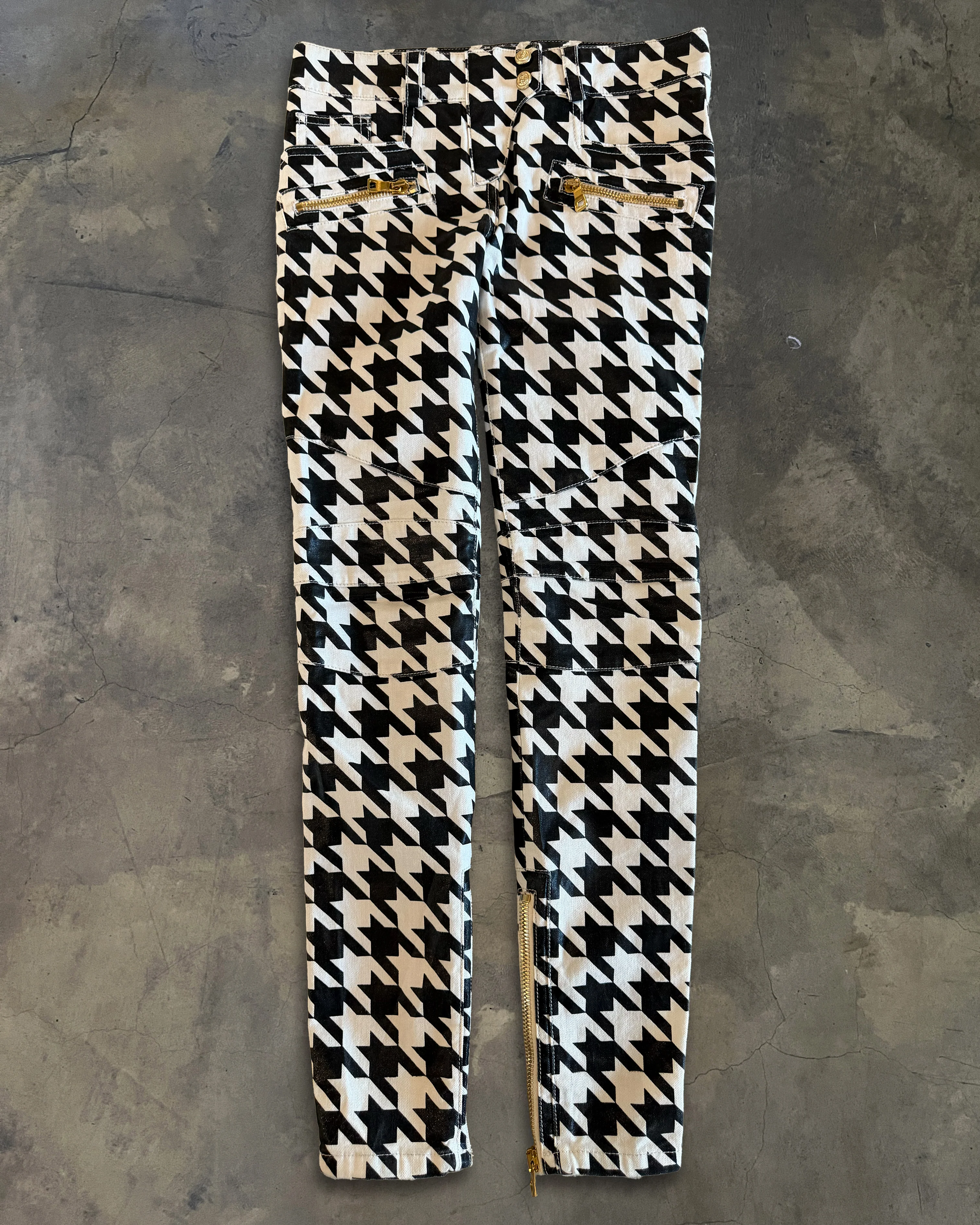 BALMAIN RESORT 2014 WAXED HOUNDSTOOTH BIKER DENIM