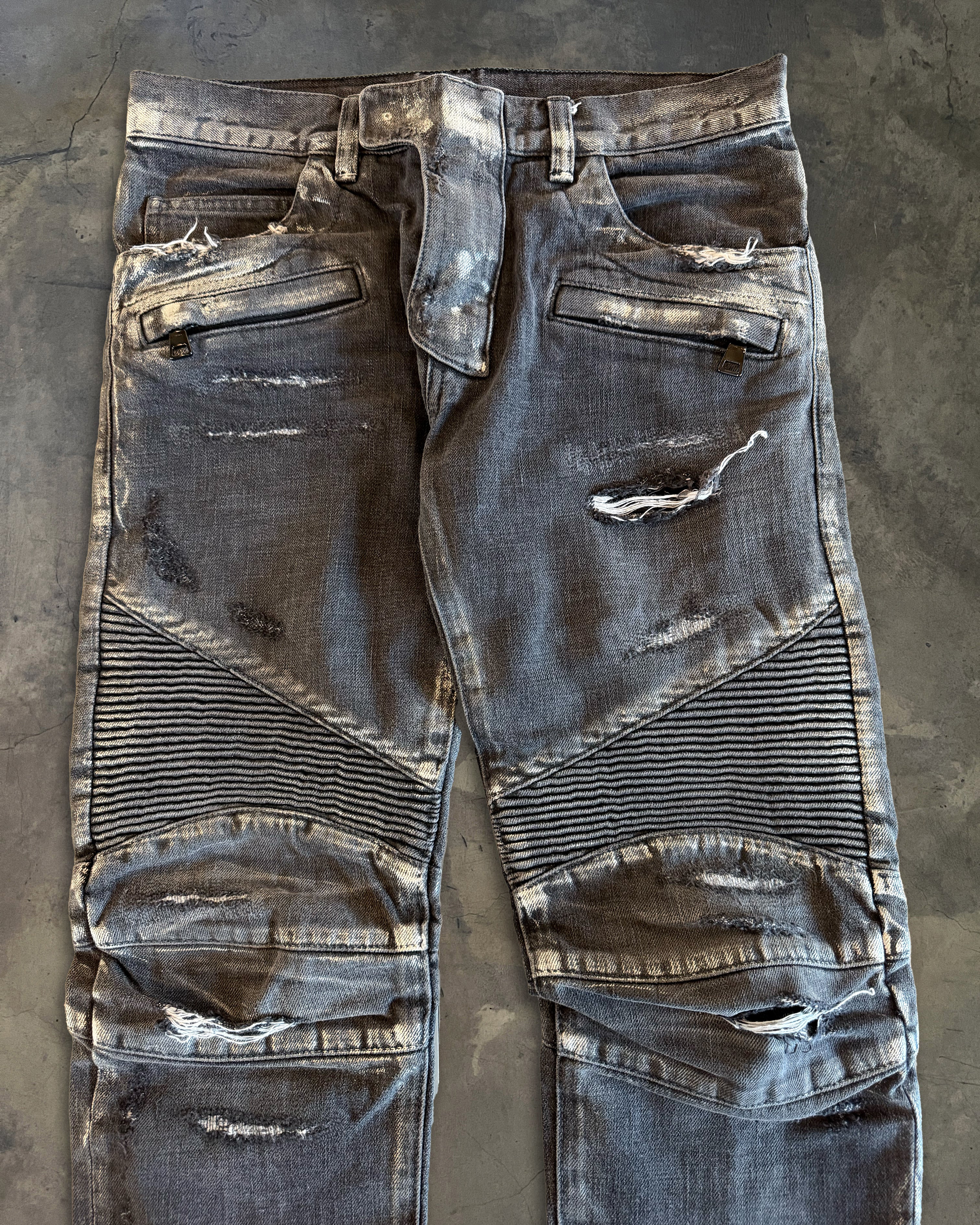 BALMAIN SS2014 SILVER WAXED DISTRESSED BIKER JEANS - Image 2