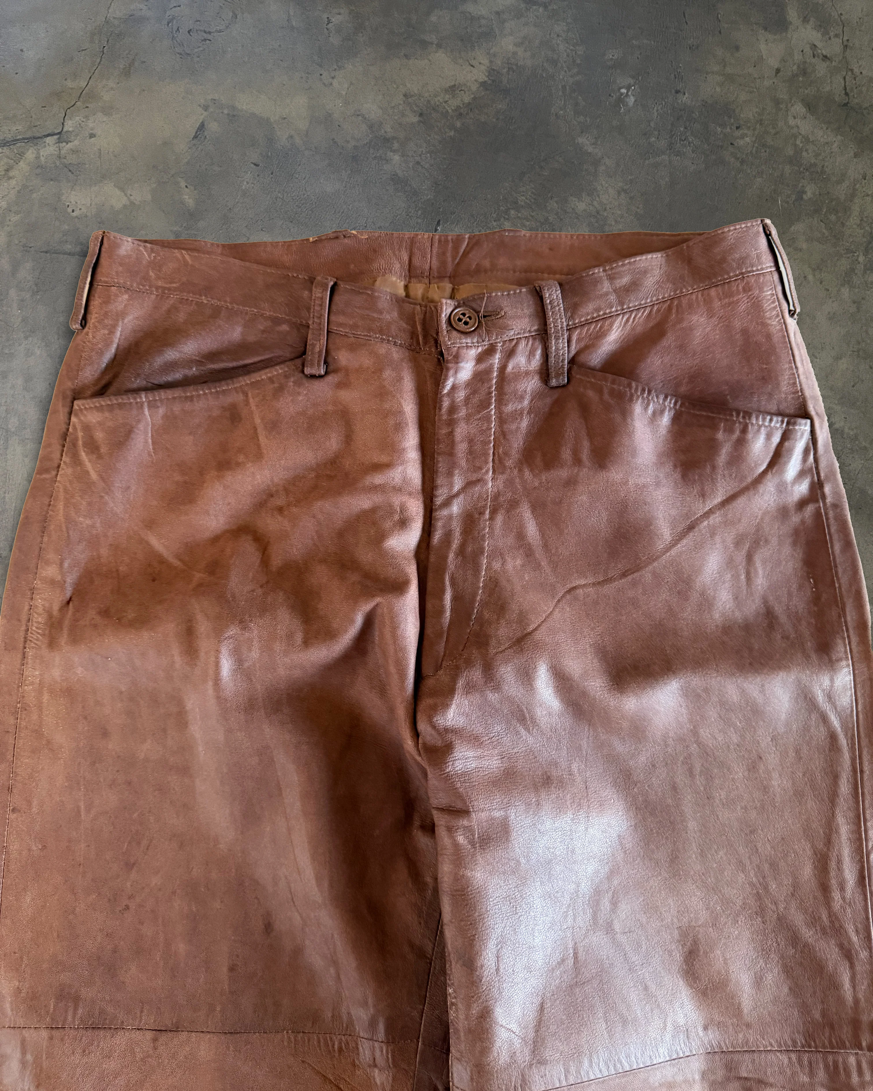 80s EMPORIO ARMANI BROWN LEATHER PANTS - Image 2